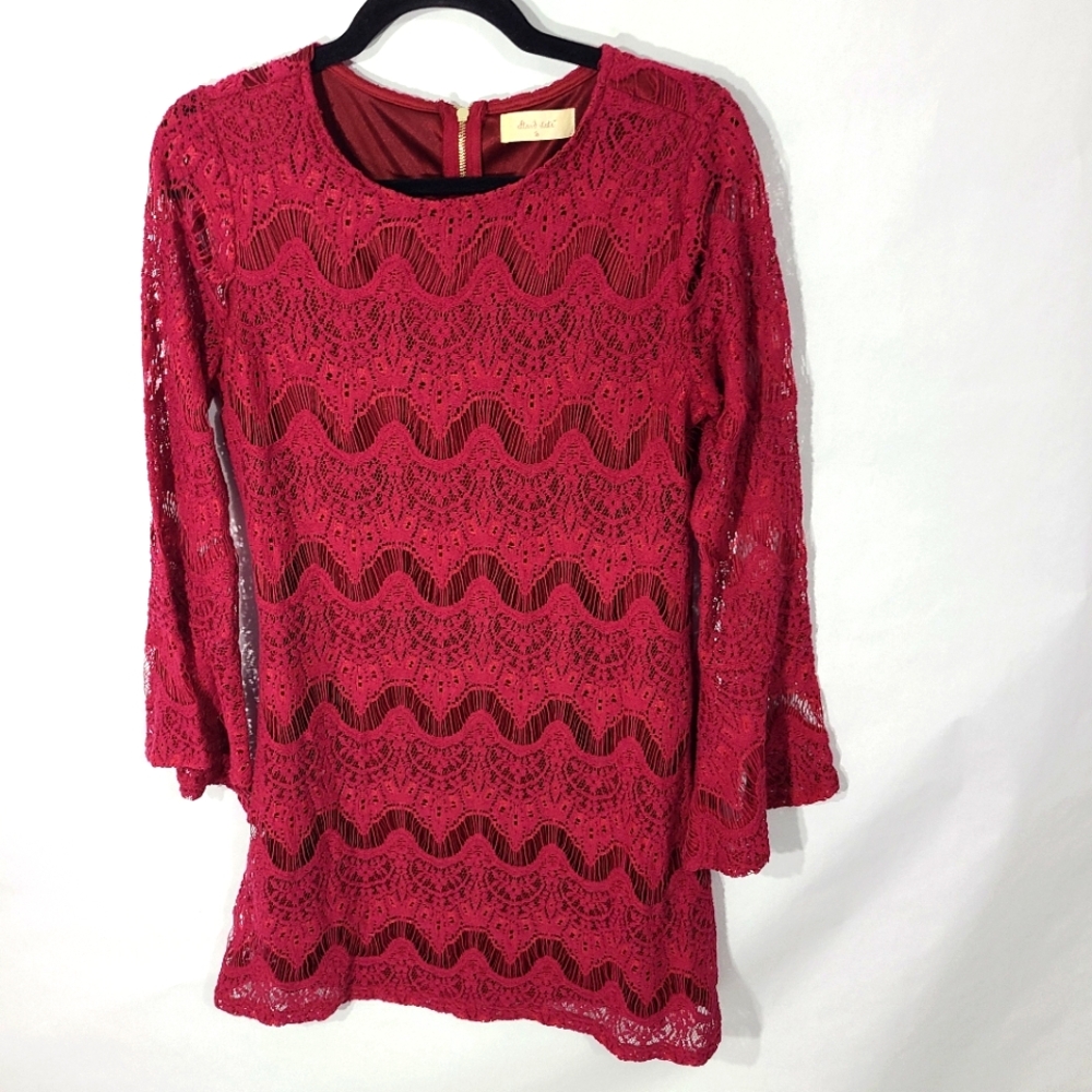 Altar'd State Women's Size Medium Burgundy Dress Lace Flirty Sleeves